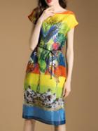 Shein Multicolor Birds Print Tie-waist Dress