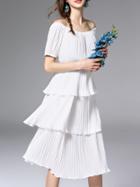 Shein White Off The Shoulder Belted Ruffle Pleated Dress