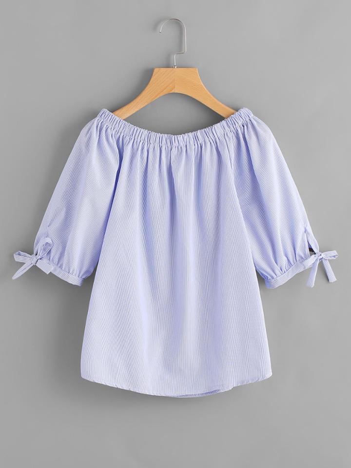 Shein Boat Neckline Pinstripe Bow Tie Cuff Blouse
