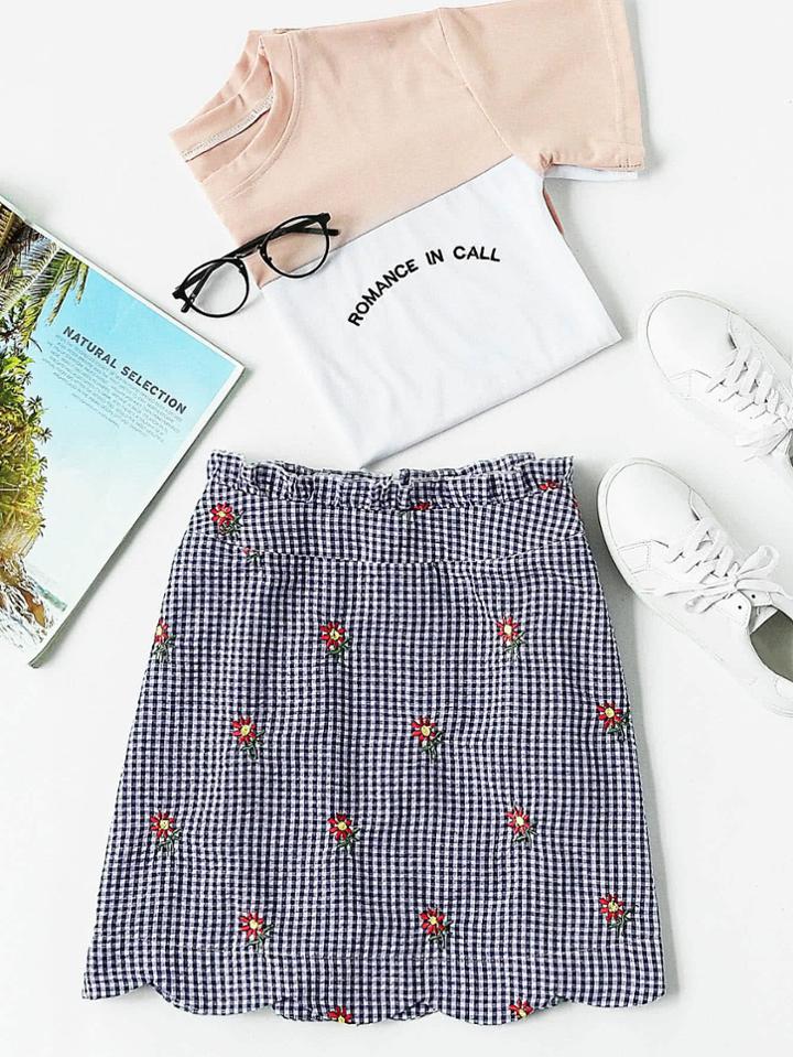 Shein Ruffle Waist Zip Back Scallop Hem Embroidered Gingham Skirt
