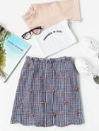 Shein Ruffle Waist Zip Back Scallop Hem Embroidered Gingham Skirt