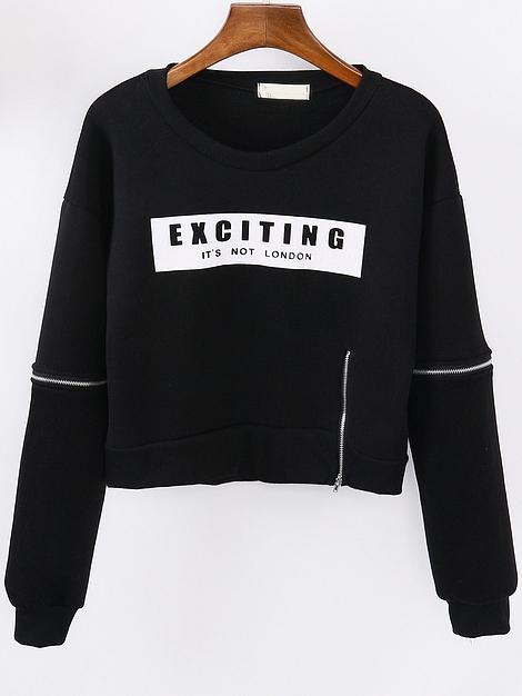 Shein Black Round Neck Letters Print Zipper Crop Sweatshirt