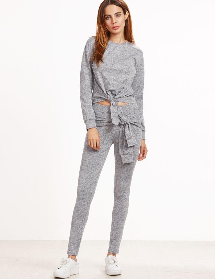 Shein Grey Marled Knit Tie Front Loungewear Set