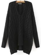 Shein Black V Neck Cable Knit Loose Sweater