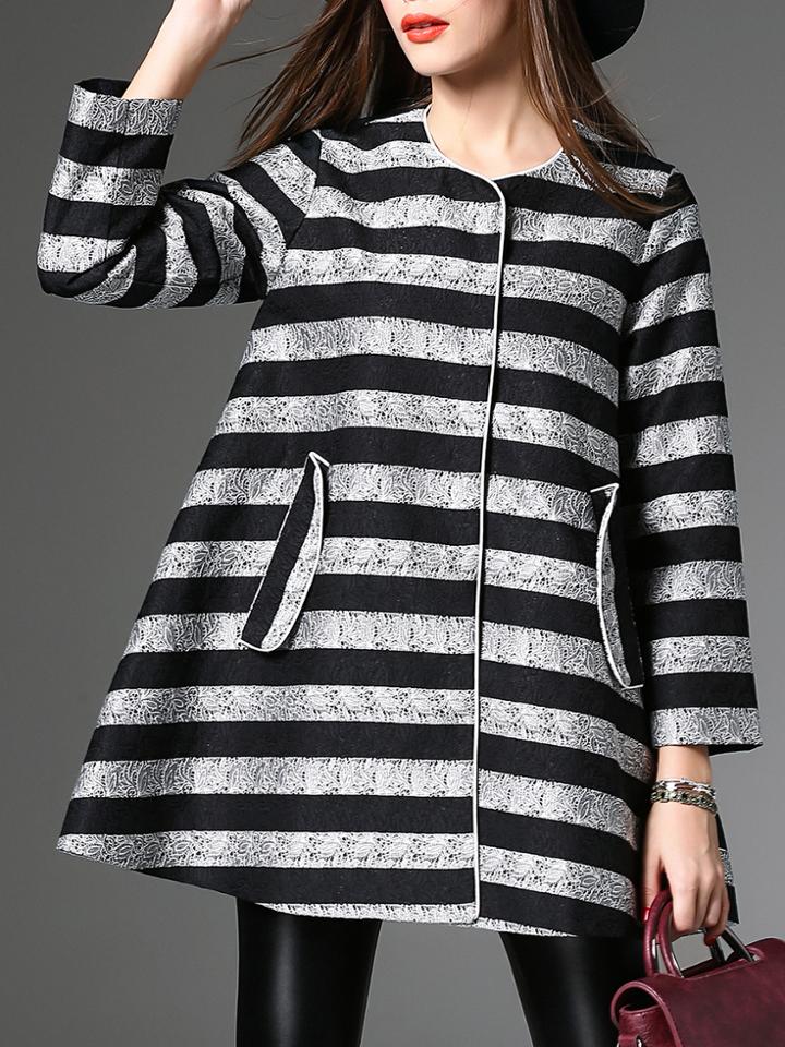 Shein Black Grey Striped Pockets Shift Coat