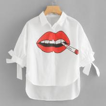 Shein Lip Print Knot Cuff Dip Hem Blouse