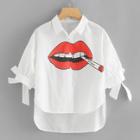Shein Lip Print Knot Cuff Dip Hem Blouse