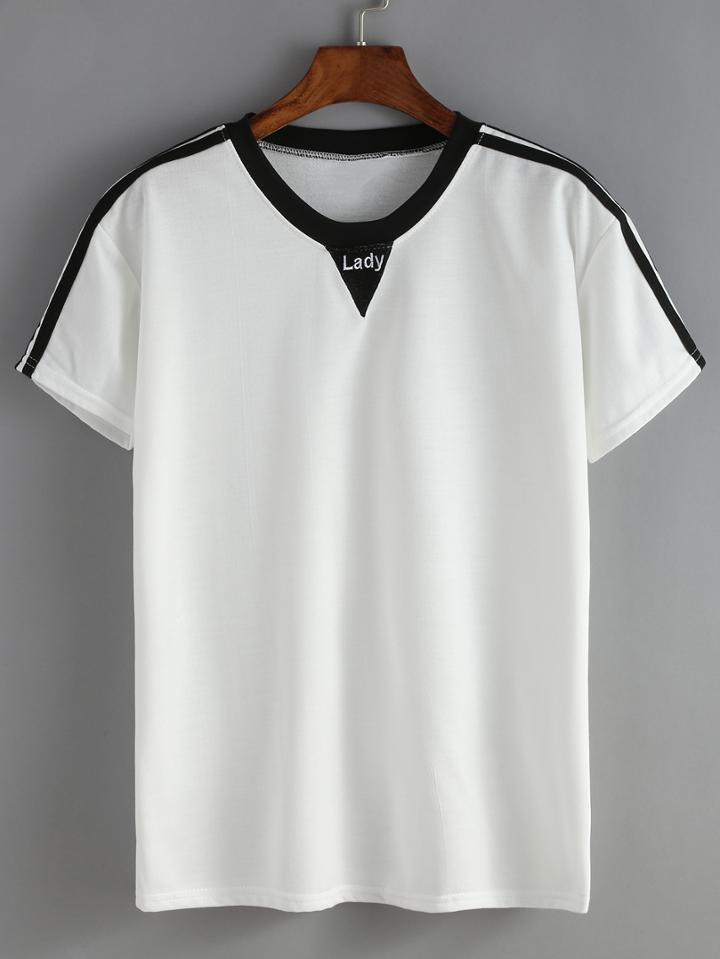 Shein Contrast Striped Trim Letters Embroidered T-shirt