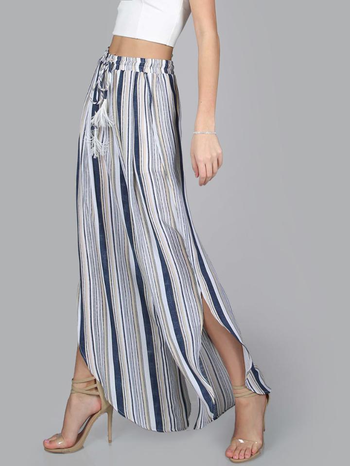 Shein Tasseled Drawstring Curved Striped Slit Flow Pants