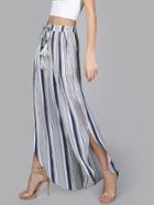 Shein Tasseled Drawstring Curved Striped Slit Flow Pants