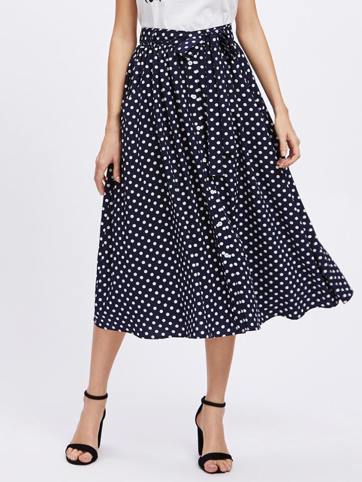 Shein Button Up Polka Dot Belt Skirt
