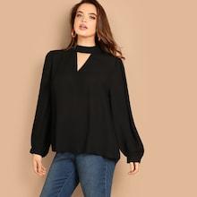 Shein Plus Keyhole Mock-neck Lantern Sleeve Blouse
