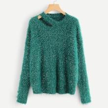 Shein Cutout Neck Sequin Detail Fluffy Sweater