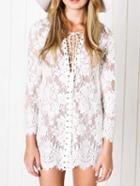 Shein White V Neck Lace Up Lace Dress