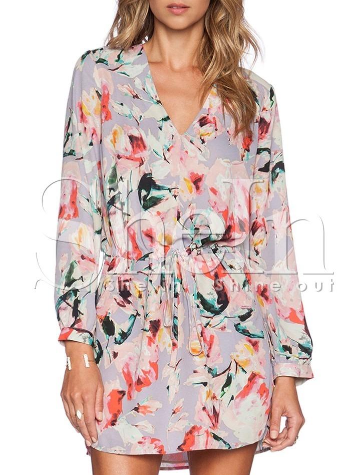 Shein Purple Chemise Long Sleeve Watercolor Patterns Floral Print Dress