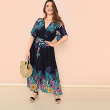 Shein Plus Botanical Print V Neck Dress