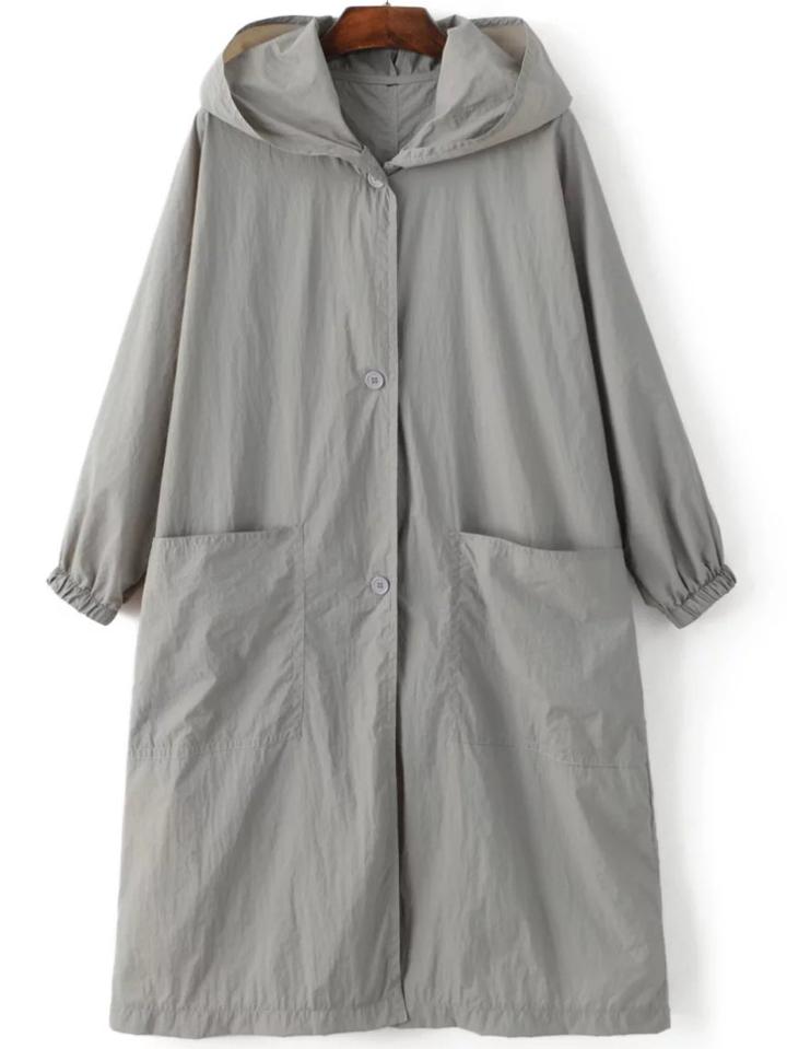 Shein Grey Letter Embroidery Slit Hooded Coat