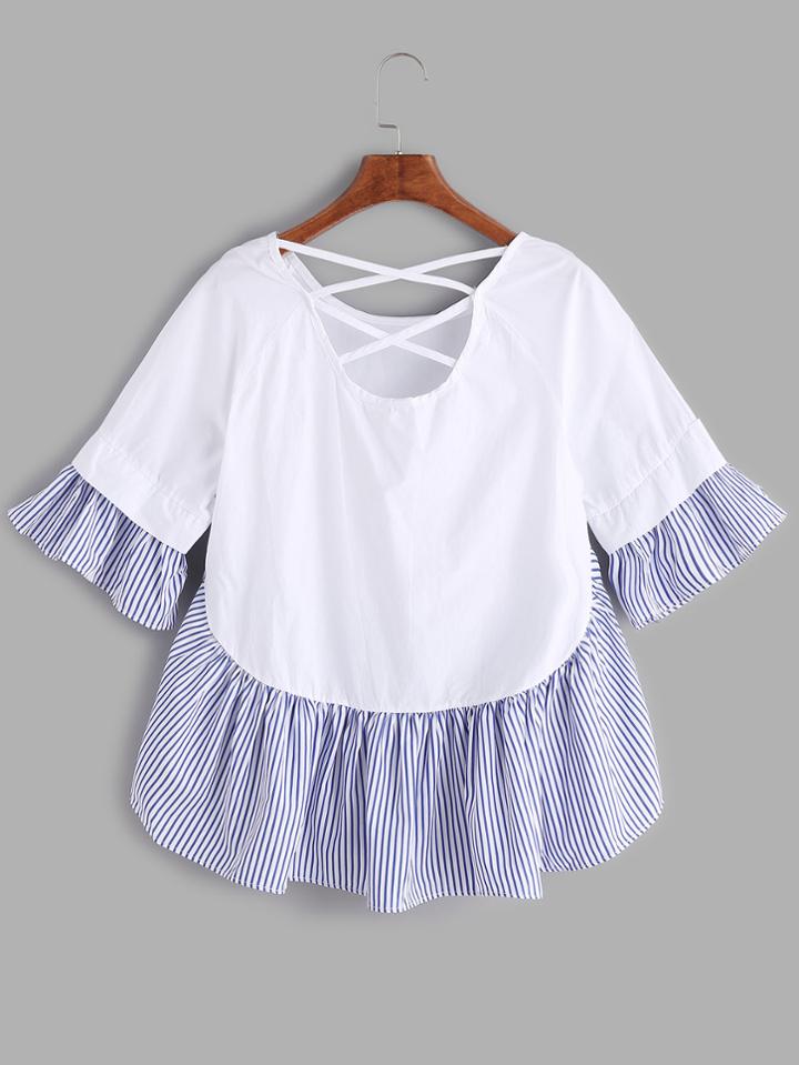 Shein White Lattice Back Ruffle Hem High Low Blouse