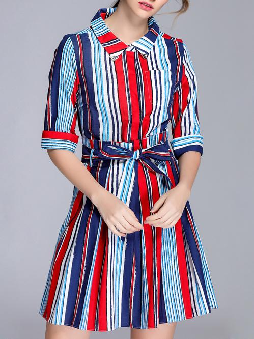 Shein Red Color Block Striped Tie-waist Dress