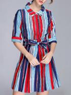 Shein Red Color Block Striped Tie-waist Dress
