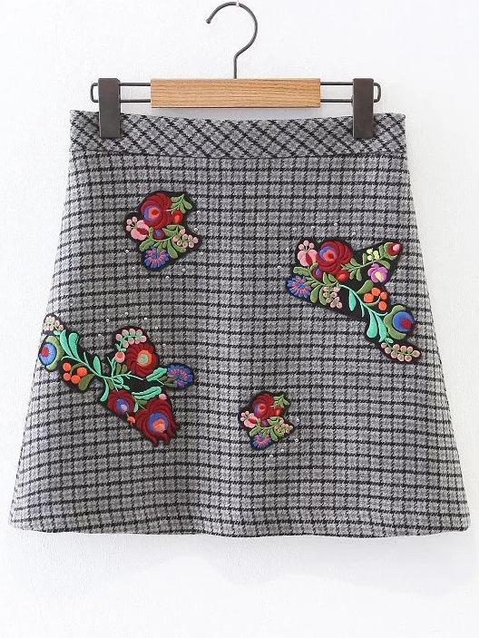 Shein Grey Plaid Flower Embroidery Patch Stud Embellished Skirt