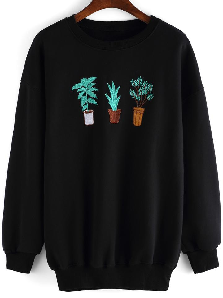 Shein Black Round Neck Cactus Embroidered Sweatshirt
