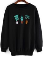 Shein Black Round Neck Cactus Embroidered Sweatshirt
