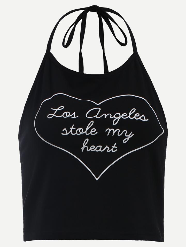 Shein Black Letter Print Crop Halter Neck Top
