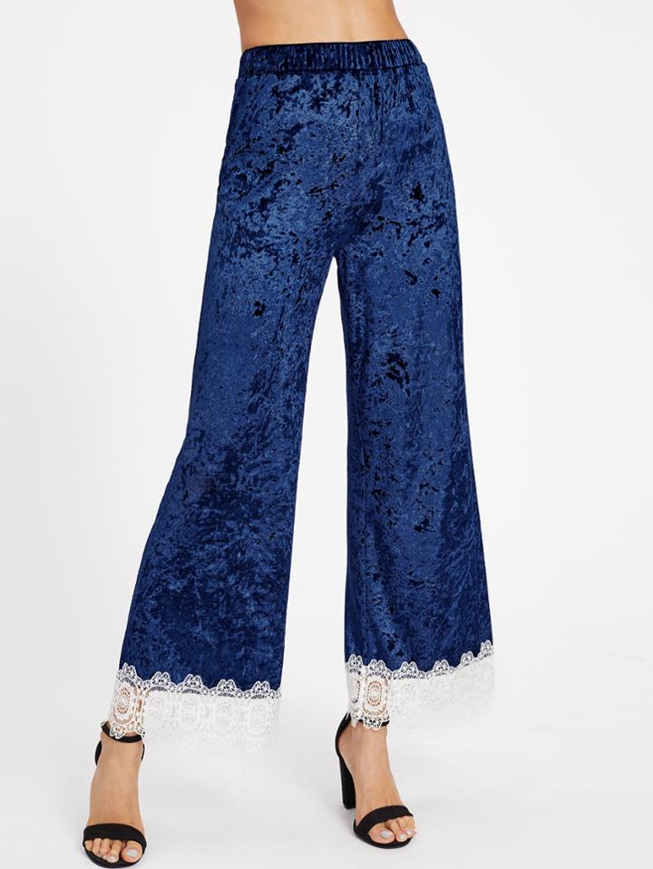 Shein Contrast Lace Trim Crushed Velvet Palazzo Pants