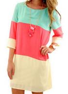 Rosewe Color Block Three Quarter Sleeve Shift Dress