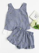 Shein Contrast Trim Tie Back Checkered Top And Shorts Set