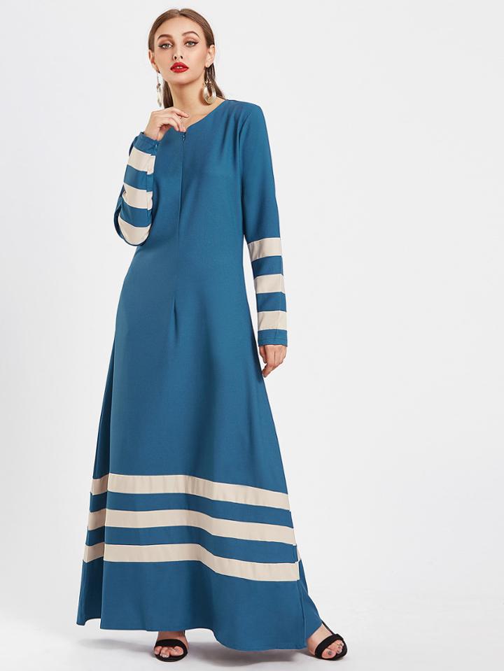 Shein Striped Panel Zipper Cuff Full Length Kaftan Dress