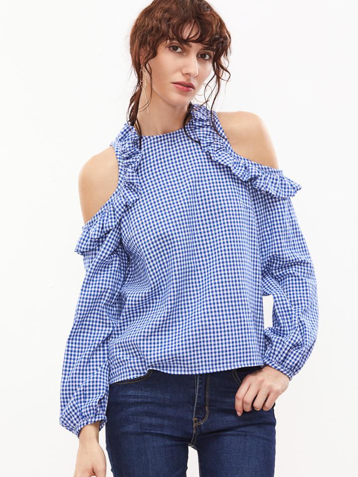 Shein Blue Gingham Ruffle Open Shoulder Lantern Sleeve Blouse