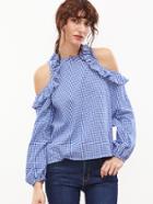 Shein Blue Gingham Ruffle Open Shoulder Lantern Sleeve Blouse