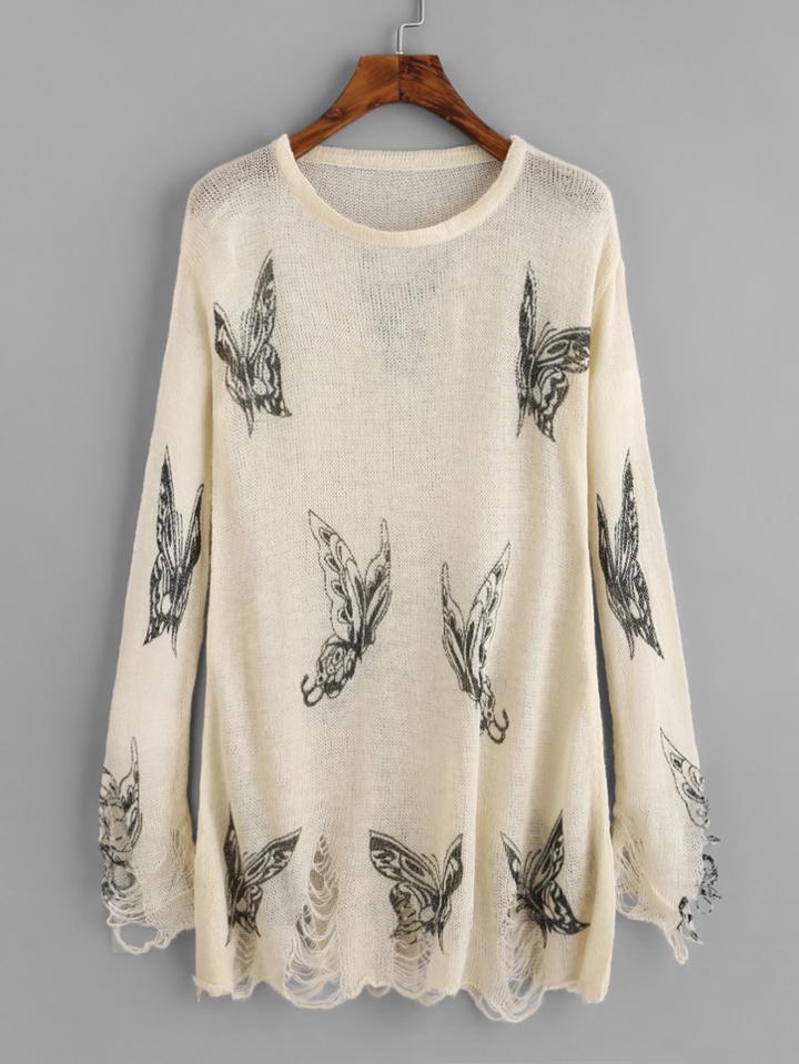 Shein Butterfly Print Ripped Knit Sweater