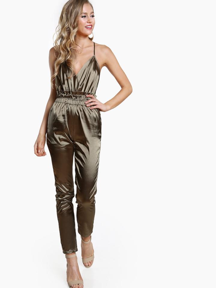 Shein Crisscross Back Elasticized Waist Surplice Cami Jumpsuit