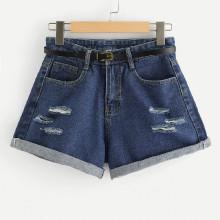 Shein Roll-up Hem Ripped Denim Shorts