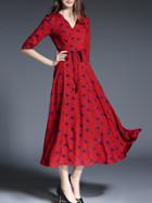 Shein Red V Neck Stars Print Tie-waist Dress