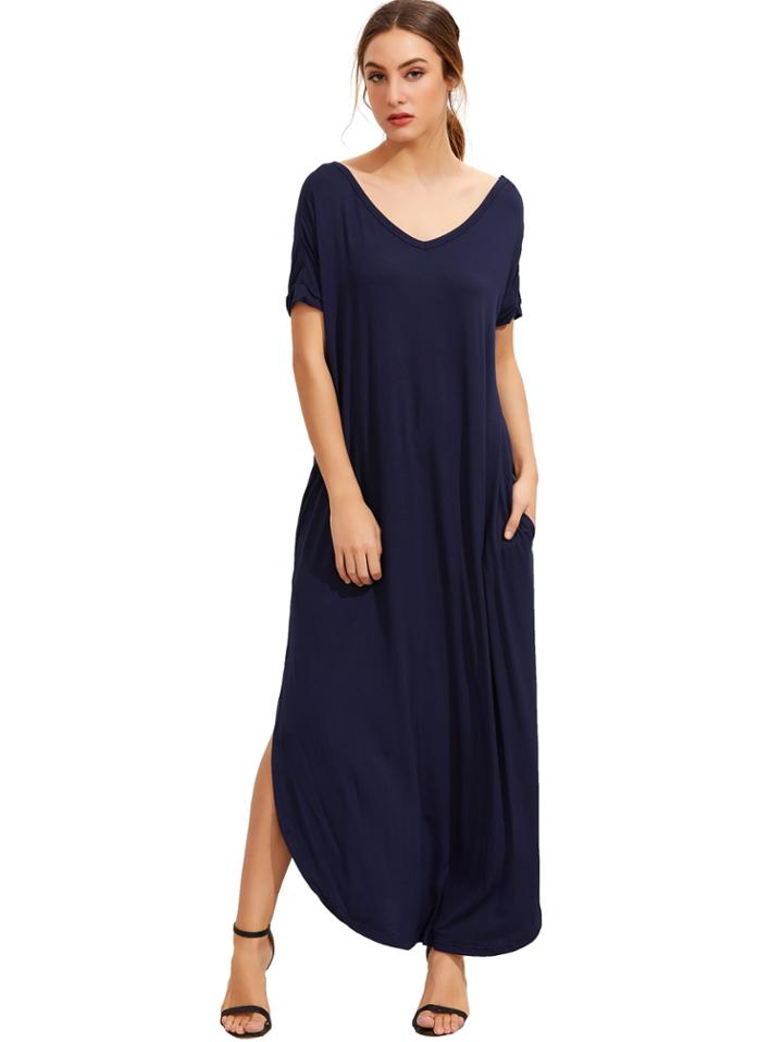 Shein Navy Short Sleeve Pocket Split Side Dress