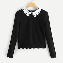 Shein Scallop Trim Cutout Contrast Collar Top