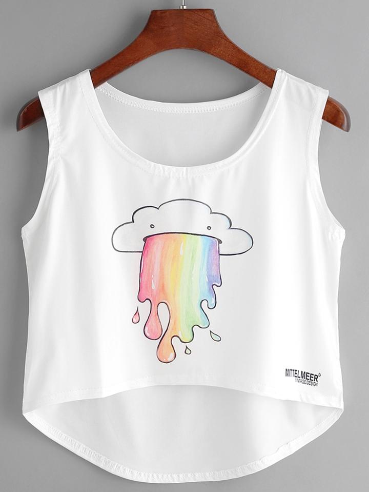 Shein White Cartoon Print High Low Tank Top