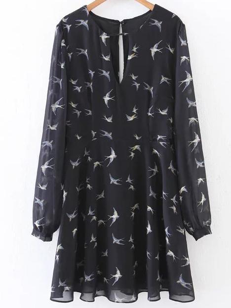 Shein Black Bird Print Keyhole Dress