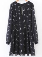 Shein Black Bird Print Keyhole Dress