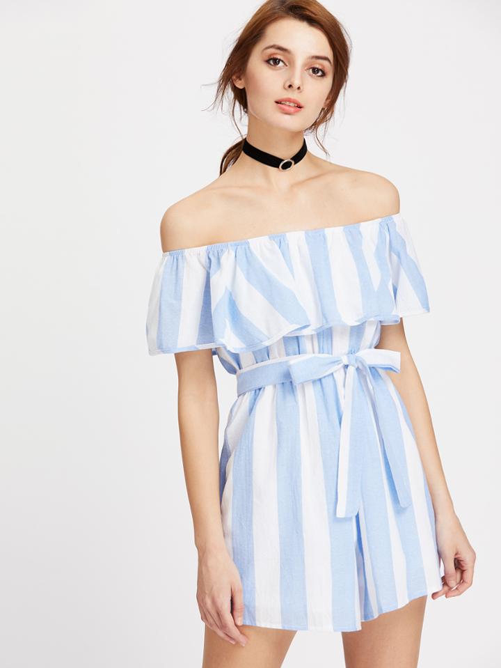 Shein Flounce Layered Neckline Striped Romper With Belt