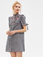 Shein Embroidered Yoke Frilled Tie Sleeve Gingham Shirt Dress