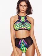 Shein Printed Mesh Detail High Waist Bikini Set