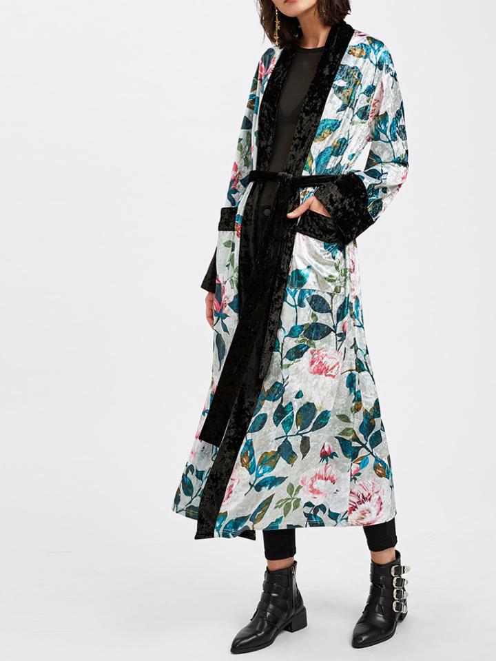 Shein Contrast Trim Self Tie Floral Velvet Coat