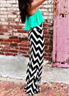 Rosewe Bohemian Chevron Print Strapless Maxi Dress