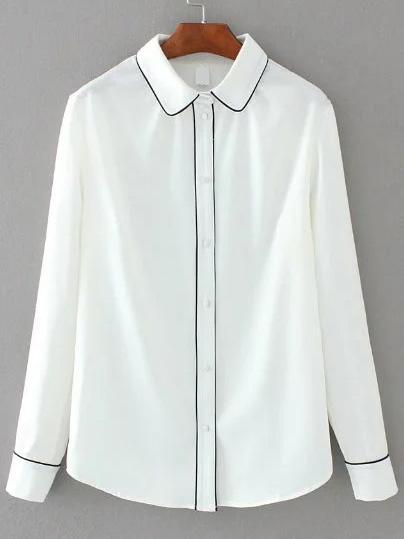 Shein White Contrast Binding Single Breasted Blouse