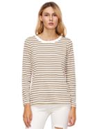 Shein Khaki Striped Long Sleeve T-shirt